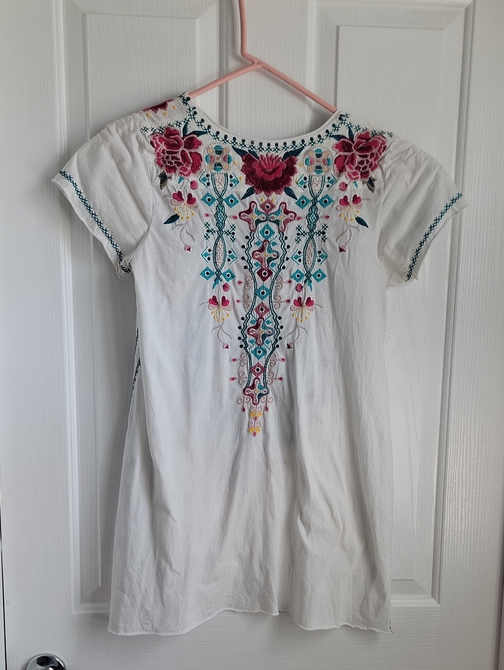 Johnny Was White Embroidered Floral V-Neck Top Tunic Shirt XS X Small Flaw - Picture 4 of 8